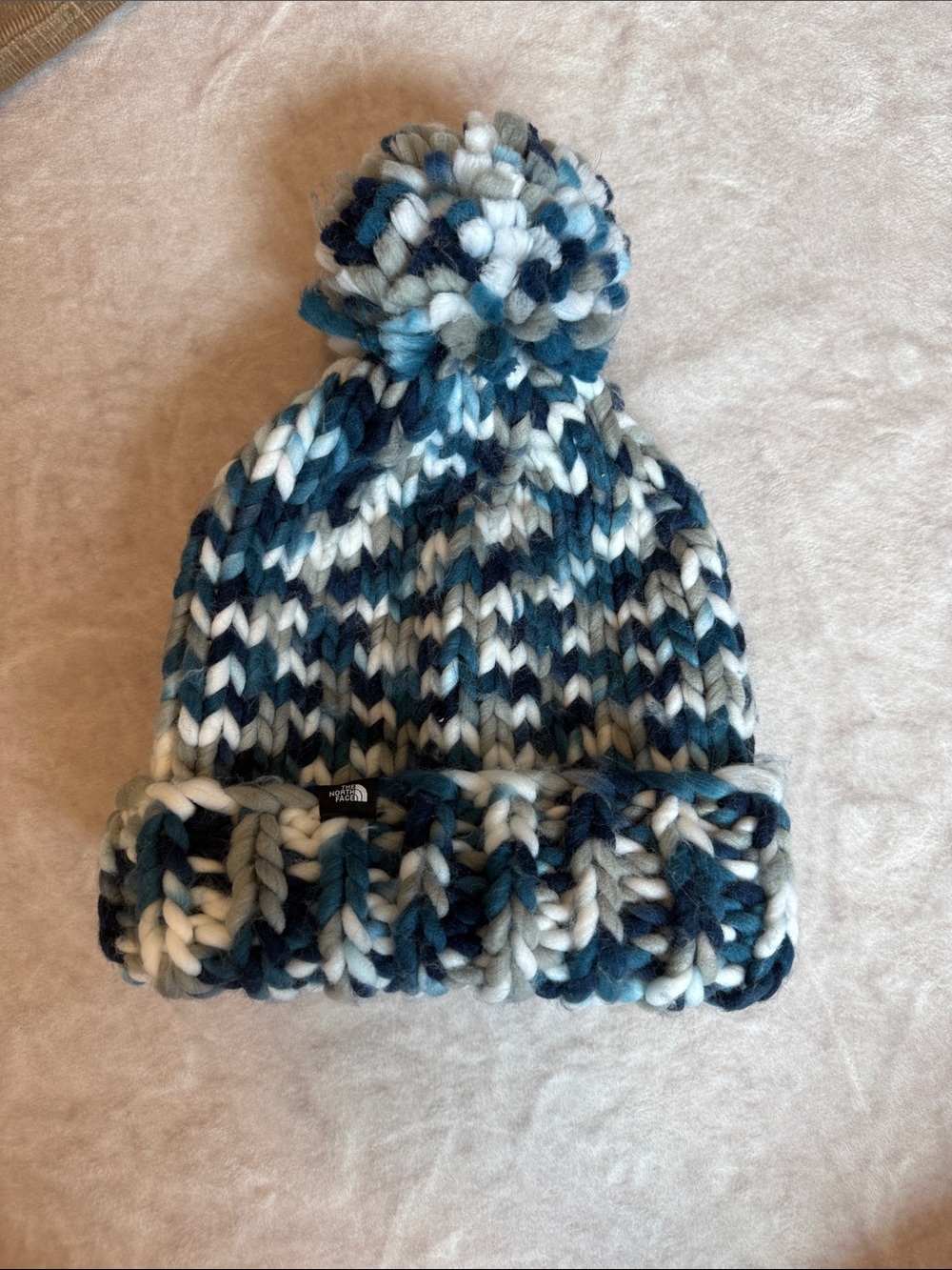 The North Face Navy, Teal & White Chunky Pom Beanie